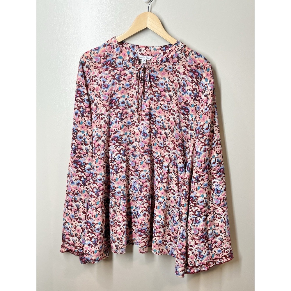 Ophelia Roe Sz 3x Plus Tie Neck Peasant Top Tiered Bell Sleeves Loose Floral